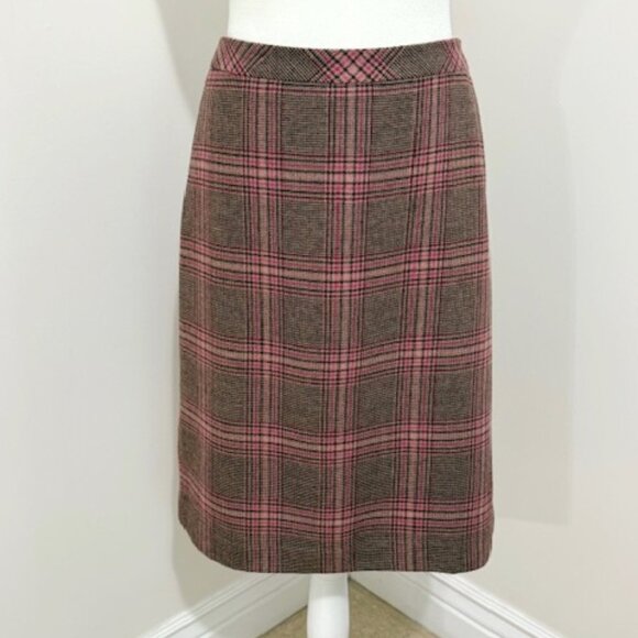 Talbots Plaid Wool Blend A-Line Skirt Pink Tan Size 8 - Picture 1 of 6